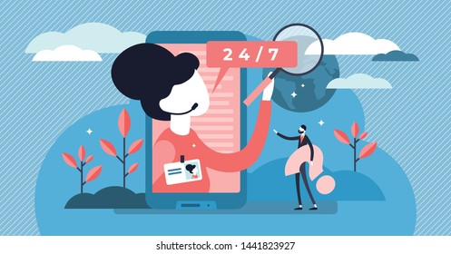 Assistant vector illustration. Flat tiny helpline support persons concept. Professional occupation with headset and answers to client questions. Online communication consultant and secretary employee.