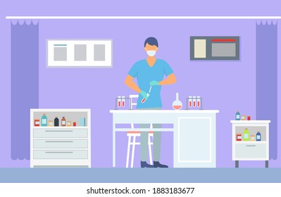 Assistant wearing face mask making laboratory scientific researches holding flask with liquid. Scientist in medical uniform working with tubes, flasks, samples in modern clinic laboratory. Flat style
