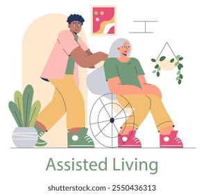 Assisted living concept. Caregiver aiding a senior woman in a wheelchair, embodying compassion and support in elder care. Vector illustration.