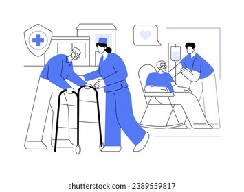 Assisted living facility abstract concept vector illustration. Group of senior patients with nurse in hospice, palliative medicine, assisted living residence, personal care abstract metaphor.