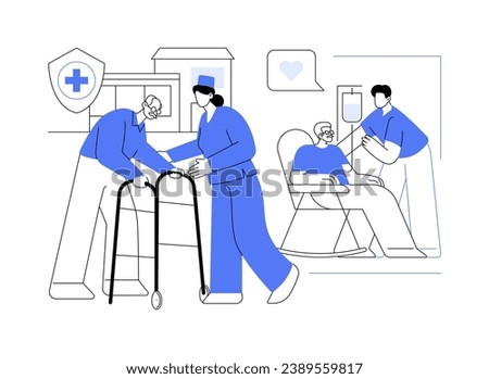 Assisted living facility abstract concept vector illustration. Group of senior patients with nurse in hospice, palliative medicine, assisted living residence, personal care abstract metaphor.
