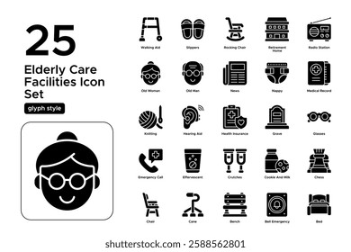 Assisted Living and Nursing Home Support. Elderly Care, Doctors, and Comfort Services. Vector Illustration. Glyph solid icon set