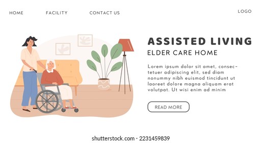 Assisted living and residential care facility vector banner template. Social worker taking care of disabled elderly person on wheelchair. Old woman living in senior house. Home care services.