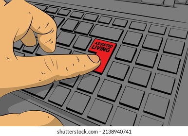 Assisted Living word on computer keyboard. Man push keypad on laptop. Comic book style concept.