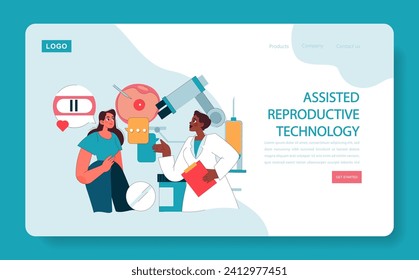 Assisted reproductive technology or ART web or landing. Doctor discussing IVF with a hopeful woman, showcasing ovary and medical instruments. Advanced fertility treatment. Flat vector illustration