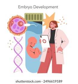 Concepto de Tecnología Reproductiva Asistida. Un profesional médico supervisa el crecimiento del embrión en tubos de ensayo. Tratamiento de fertilidad, material genético, atención médica. Ilustración vectorial.