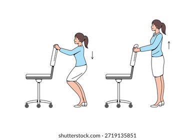 Agachamentos assistidos usando uma cadeira de escritório. Exercício de Presidência do Escritório. Ilustração de vetor plano. 