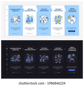 Assistive devices onboarding vector template. Responsive mobile website with icons. Web page walkthrough 5 step screens. Brain computer interfaces night and day mode concept with linear illustrations