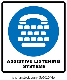 Assistive listening systems sign. Medical consultration sign. White icon on blue sign as background. Isolated on white. Vector illustration with keyboard