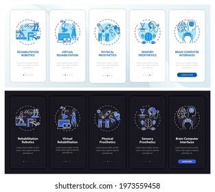 Assistive technology onboarding mobile app page screen with concepts. Virtual rehab walkthrough 5 steps graphic instructions. UI, UX, GUI vector template with linear night and day mode illustrations