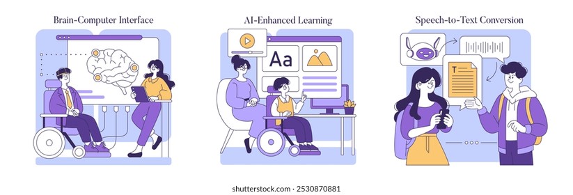 Assistive Technology set. AI empowering the disabled with brain-computer interfaces, personalized learning, and speech recognition. Accessibility innovation and communication aid. Vector illustration.