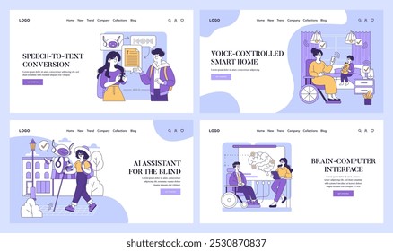 Assistive Technology set. AI solutions boosting independence for disabled individuals. Smart prosthetics, AI translation, and health monitoring. Vector illustration.