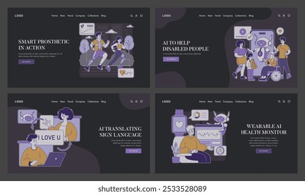 Assistive Technology set. AI solutions boosting independence for disabled individuals. Smart prosthetics, AI translation, and health monitoring. Vector illustration.