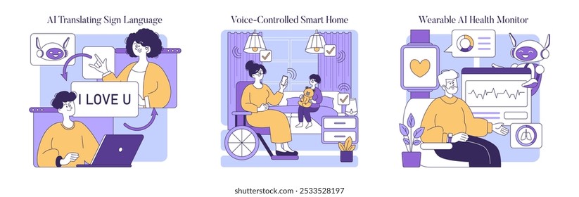 Assistive technology set. AI translating sign language, voice-controlled home, wearable health monitor. Enabling independence for disabled individuals. Vector illustration.