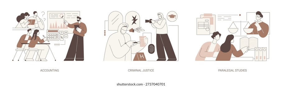 Associate in Applied Science isolated cartoon vector illustrations set. Group of students attend accounting course, study criminal justice, paralegal studies, get college degree vector cartoon.