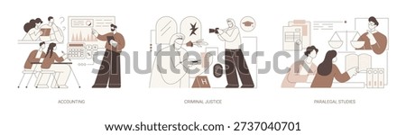 Associate in Applied Science isolated cartoon vector illustrations set. Group of students attend accounting course, study criminal justice, paralegal studies, get college degree vector cartoon.