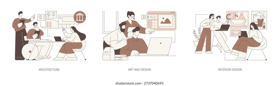 Associate in Arts degree isolated cartoon vector illustrations set. Diverse students working on an architecture project, attend interior design courses, choosing color palette vector cartoon.