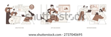 Associate in Arts degree isolated cartoon vector illustrations set. Diverse students working on an architecture project, attend interior design courses, choosing color palette vector cartoon.