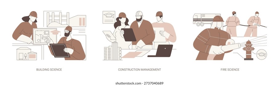 Associate degree isolated cartoon vector illustrations set. Building science, student learning architectural drawings, construction management, firefighting course, training center vector cartoon.