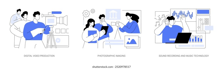 Associate in Digital media isolated cartoon vector illustrations set. Study video production, videography, photographic imaging degree, sound recording and music technology vector cartoon.