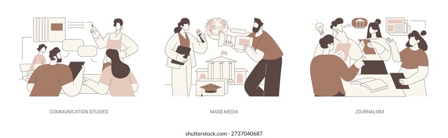 Associate of Media and Communication isolated cartoon vector illustrations set. Group of diverse students having discussion, study media production, study journalism, become reporter vector cartoon.