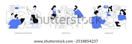 Associate of Media and Communication isolated cartoon vector illustrations set. Group of diverse students having discussion, study media production, study journalism, become reporter vector cartoon.