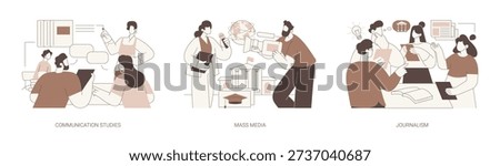 Associate of Media and Communication isolated cartoon vector illustrations set. Group of diverse students having discussion, study media production, study journalism, become reporter vector cartoon.