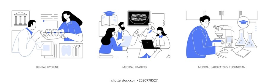 Conjunto de Ilustraciones vectoriales de dibujos animados aislados de Associate in Medicine. Práctica de estudiante de higiene dental en la clínica, estudio de imágenes médicas y diagnósticos, dibujo animado de Vector de grado de técnico de laboratorio.