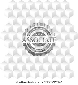 Associate realistic grey emblem with geometric cube white background