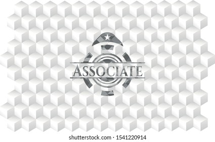 Associate realistic grey emblem with geometric cube white background