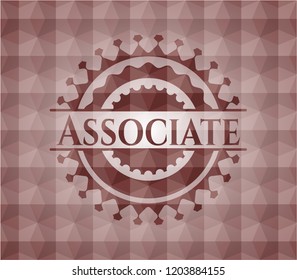 Associate red emblem or badge with abstract geometric polygonal pattern background. Seamless.