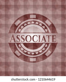 Associate red emblem or badge with abstract geometric pattern background. Seamless.