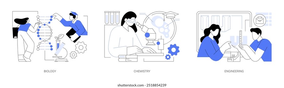 Associado no grau de Ciência isolado desenhos animados vetor ilustrações conjunto. Estudante aprendendo biologia usando modelo de DNA, fazendo experimentos usando microscópio, química, estudos de engenharia desenhos vetoriais.