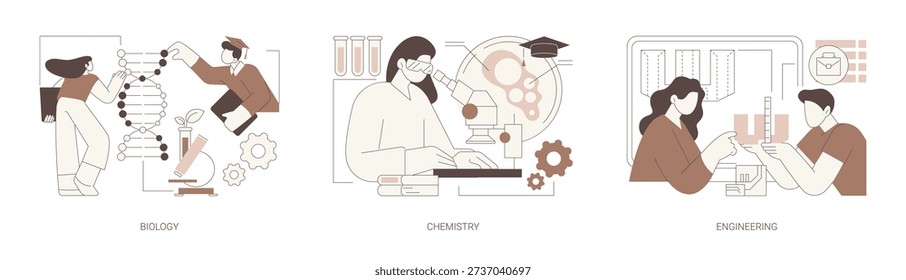 Associate in Science degree isolated cartoon vector illustrations set. Student learning biology using DNA model, making experiment using microscope, chemistry, engineering studies vector cartoon.