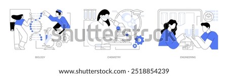 Associate in Science degree isolated cartoon vector illustrations set. Student learning biology using DNA model, making experiment using microscope, chemistry, engineering studies vector cartoon.