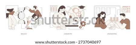 Associate in Science degree isolated cartoon vector illustrations set. Student learning biology using DNA model, making experiment using microscope, chemistry, engineering studies vector cartoon.
