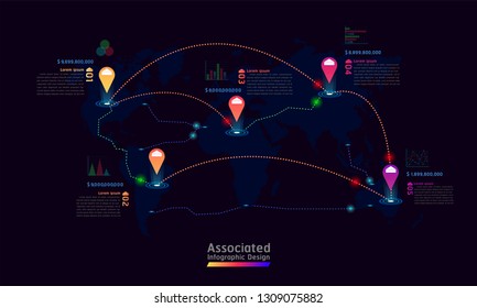 associated company factory world map mark point infographic design with graph chart data vector illustration eps10