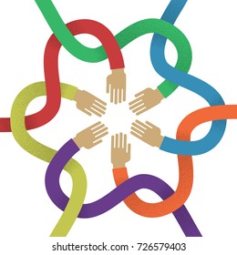 Association several intertwined multicolored hands flat style. Union of several colored intertwined hands for designers and illustrators. Sign of frendship in the form of a vector illustration