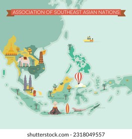 Asociación de Naciones del Sudeste Asiático. Mapa del Sudeste Asiático con nombres de países.