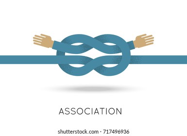 Association two hands sea knot flat style. Combining of two hands into a sea knot in the flat style for designers and illustrators. Symbol of cooperation in the form of a vector illustration