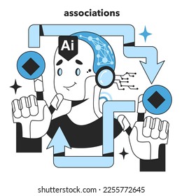 Asociaciones. Formación artificial en redes neuronales. Sistema de computación de autoaprendizaje para el procesamiento de datos. Máquina profunda aprendiendo tecnología moderna. Ilustración vectorial plana