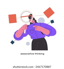 Associative thinking, type of MBTI. Analytical cognition, rational mindset. Psychological, mental research. Girl with magnifier explores thoughts networks. Flat isolated vector illustration on white