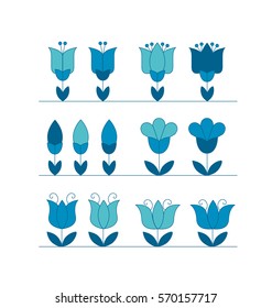 assorted abstract tulip flower motif. vector illustration design elements in folk rustic Holland style for invitation, decoration.