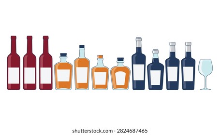 Assorted alcoholic beverage bottles including wine and spirits arranged in a neat row next to an empty wine glass on white.