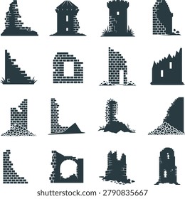 Assorted ancient stone ruins and crumbling brick towers in various architectural styles and decay stages