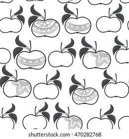 Assorted apple fruits seamless pattern. Detailed ornamental decoration vs simple outline. Charcoal grey on white background. Horizontal layout side by side.