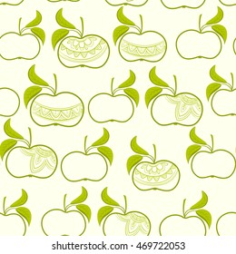 Assorted apples seamless pattern. Detailed ornamental decoration vs simple outline. Bright green on beige background.