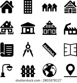 Assorted architectural and construction icons featuring houses buildings tools and navigation symbols in monochrome design