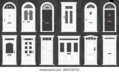 Assorted architectural front door designs featuring various styles, window shapes, and colors for home renovation inspiration.