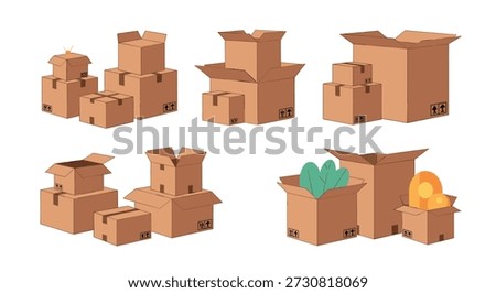 Assorted arrangements of cardboard moving boxes in various sizes and states of being open or closed for logistics and relocation concepts.